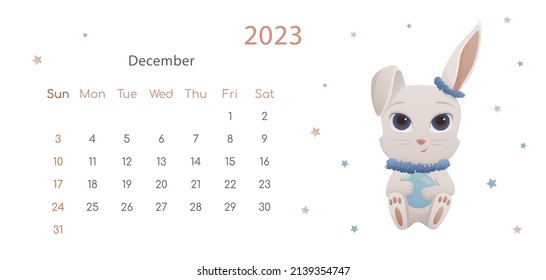 The symbol of Chinese New Year 2023. Horizontal desktop calendar design template for December. Winter plot with New Year and Christmas rabbit .Calendar with zodiac signs. The week starts on Sunday.