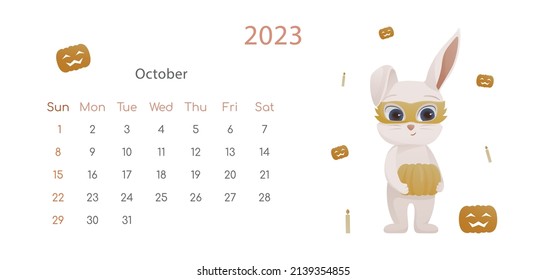 The symbol of Chinese New Year 2023 poster. Horizontal desktop calendar design template for October. Autumn plot with Halloween rabbit with candles and pumpkin .Calendar with zodiac signs.