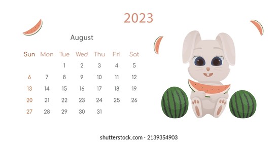 The symbol of Chinese New Year 2023 poster. Horizontal desktop calendar design template for August. Summer plot with rabbit eating watermelon .Calendar with zodiac signs. The week starts on Sunday.