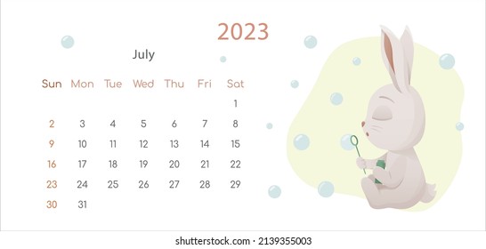 The symbol of Chinese New Year 2023 poster. Horizontal desktop calendar design template for July. Summer plot with child rabbit with bubble blower.Calendar with zodiac signs. The week starts on Sunday