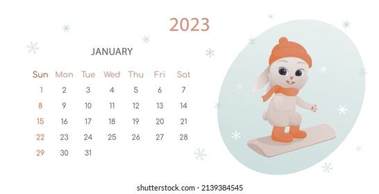 The symbol of Chinese New Year 2023 poster. Horizontal desktop calendar design template for January. Winter plot with rabbit snowboarder .Calendar with zodiac signs. The week starts on Sunday.