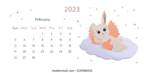 The symbol of Chinese New Year 2023 poster. Horizontal desktop calendar design template for February. Winter plot with Saint Valentine rabbit .Calendar with zodiac signs. The week starts on Sunday.