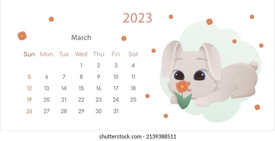 The symbol of Chinese New Year 2023 poster. Horizontal desktop calendar design template for March. Spring plot with rabbit and flower. Calendar with zodiac signs. The week starts on Sunday.