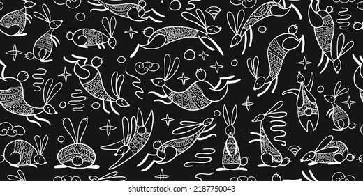 Symbol of chinese new year 2023 rabbit zodiac sign. Funny Bunnies seamless pattern, art background. Vector illustration