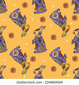 Symbol of chinese new year 2023 rabbit zodiac sign. Funny Bunnies seamless pattern, art background. Vector illustration