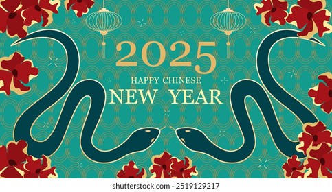 Symbol of Chinese New Year 2025. Year of the green wooden snake. Background with snakes. Vector illustration.