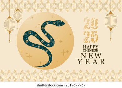  Symbol of Chinese New Year 2025. Year of the Green Wooden Snake. Background with snake. . Vector illustration.