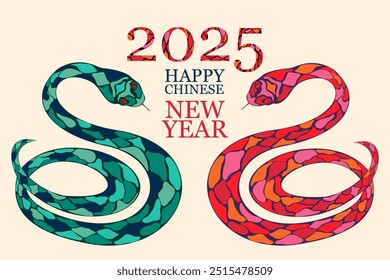 Symbol des chinesischen Neujahrs 2025. Hintergrund mit Schlange. Jahr der Schlange 2025. Grünes Holzschlangensymbol des Jahres 2025. Chinesisches Neujahr. Vektorgrafik.