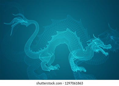symbol of chinese new year. long flying dragon kite. vector 3d illustration