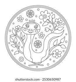 Symbol of the Chinese Oriental New Year cute funny snake among the branches of cherry blossoms. Doodle hand drawn vector illustration. Great ornament for coloring.
