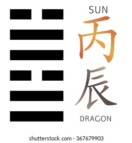 Symbol of i ching hexagram from chinese hieroglyphs. Translation of 12 zodiac feng shui signs hieroglyphs: 'Sun' and "Dragon". 