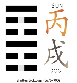 Symbol of i ching hexagram from chinese hieroglyphs. Translation of 12 zodiac feng shui signs hieroglyphs: 'Sun' and "Dog". 