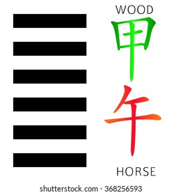 Symbol of i ching hexagram from chinese hieroglyphs. Translation of 12 zodiac feng shui signs hieroglyphs: 'Tree' and "Horse".
