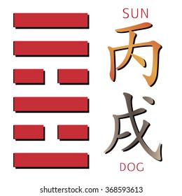 Symbol of i ching hexagram from chinese hieroglyphs. Translation of 12 zodiac feng shui signs hieroglyphs: 'Sun' and "Dog". 