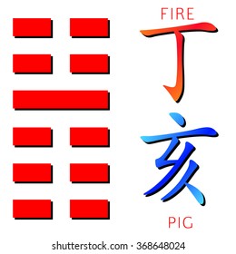 Symbol of i ching hexagram from chinese hieroglyphs. Translation of 12 zodiac feng shui signs hieroglyphs: 'Fire' and "Pig". 