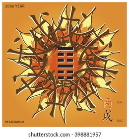 Symbol of i ching hexagram from chinese hieroglyphs. Translation of 12 zodiac feng shui signs hieroglyphs: 'Sun' and "Dog". Hand drawn symbol.