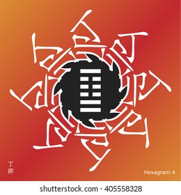 Symbol of i ching hexagram from chinese hieroglyphs. Translation of 12 zodiac feng shui signs hieroglyphs: 'Fire' and "Rabbit". 