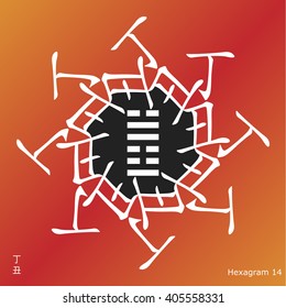 Symbol of i ching hexagram from chinese hieroglyphs. Translation of 12 zodiac feng shui signs hieroglyphs: 'Fire' and "Ox". 
