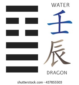 Symbol of i ching hexagram from chinese hieroglyphs. Translation of 12 zodiac feng shui signs hieroglyphs: 'Water' and "Dragon".