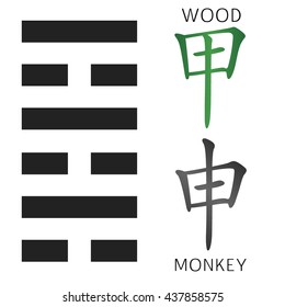 Symbol of i ching hexagram from chinese hieroglyphs. Translation of 12 zodiac feng shui signs hieroglyphs: 'Tree' and "Monkey".