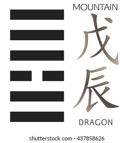 Symbol of i ching hexagram from chinese hieroglyphs. Translation of 12 zodiac feng shui signs hieroglyphs: 'Mountain' and "Dragon".