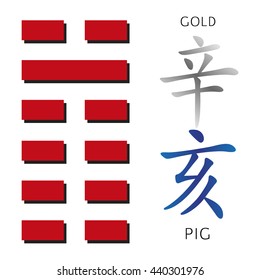 Symbol of i ching hexagram from chinese hieroglyphs. 12 zodiac feng shui signs hieroglyphs.