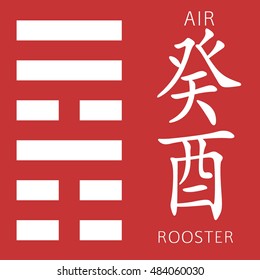 Symbol of i ching hexagram from chinese hieroglyphs. Translation of 12 zodiac feng shui signs hieroglyphs- air and rooster.