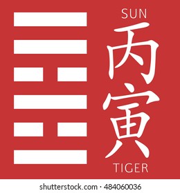 Symbol of i ching hexagram from chinese hieroglyphs. Translation of 12 zodiac feng shui signs hieroglyphs- sun and tiger.
