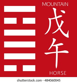 Symbol of i ching hexagram from chinese hieroglyphs. Translation of 12 zodiac feng shui signs hieroglyphs- mountain and horse.