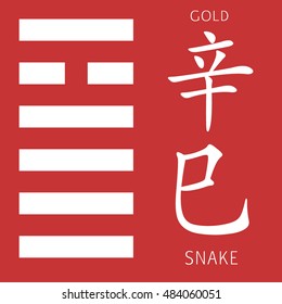 Symbol of i ching hexagram from chinese hieroglyphs. Translation of 12 zodiac feng shui signs hieroglyphs- gold and snake.