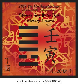 Symbol of i ching hexagram from chinese hieroglyphs. Translation of 12 zodiac feng shui signs hieroglyphs- water and tiger. I ching calendar of 2017 year with feng shi elements. February of 2017 year.
