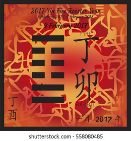 Symbol of i ching hexagram from chinese hieroglyphs. Translation of 12 zodiac feng shui signs hieroglyphs- fire and rabbit. I ching calendar of 2017 year with feng shi elements.