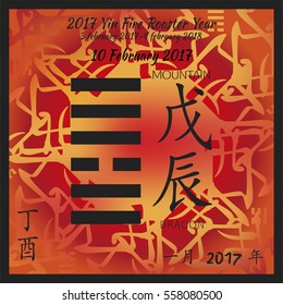 Symbol of i ching hexagram from chinese hieroglyphs. Translation of 12 zodiac feng shui signs hieroglyphs- mountain and dragon. I ching calendar of 2017 year with feng shi elements.