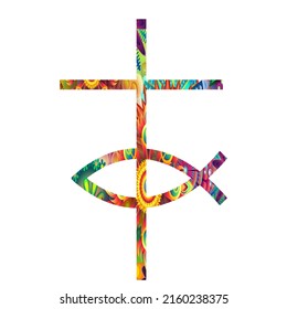 A symbol of Christian art. Christian cross , Latin cross with the Jesus fish symbol cover with seamless color patterns. illustration. Vector.