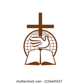 Symbol of christianity with globe, Bible book and dove. Christian religion, church or mission outline vector sign. Christian community emblem with sacred symbols and globe