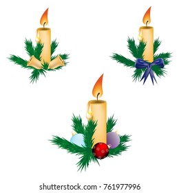 Symbol of Christmas Abstraction, a set of candles with bells, balls, a blue bow and spruce branches.