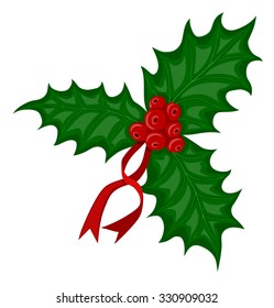 Symbol Christmas holiday beautiful  colorful red berries of holly with green leaves and ribbons scarlet color on white background.