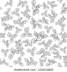 Symbol of Christmas. Seamless pattern of green leaves and red berries. European Holly traditional Christmas decoration.Vector Illustration Isolated on white Background