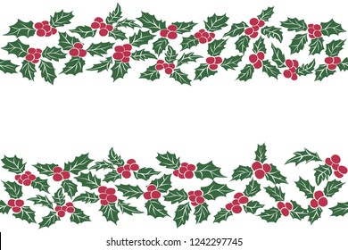 Symbol of Christmas. Seamless pattern of green leaves and red berries. European Holly traditional Christmas decoration.Vector Illustration Isolated on white Background
