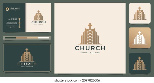 symbol of church christian with build shape logo design and business card template.
