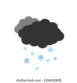 Symbol of a cloudy winter weather. Vector illustration of a dark cloud with snow on a white background. Cartoon of clouds and snowflakes.
