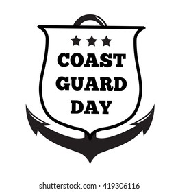 Symbol of coast guard day. Black image of anchor and shield isolated on white background. Vector illustration.