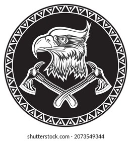 Das Symbol ist das Wappen der Indianer mit dem Symbol eines Adlers und eines Tomahawk in einer Vektorgrafik in einfarbigem Hintergrund auf weißem Hintergrund