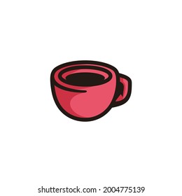 symbol of a coffee cup, in red colored black line art style and shadow details.