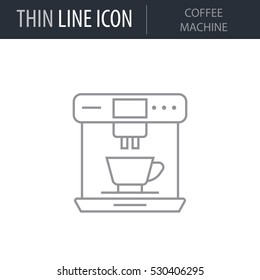 Symbol of Coffee Machine. Thin line Icon of Kitchen Utensils. Stroke Pictogram Graphic for Web Design. Quality Outline Vector Symbol Concept. Premium Mono Linear Beautiful Plain Laconic Logo