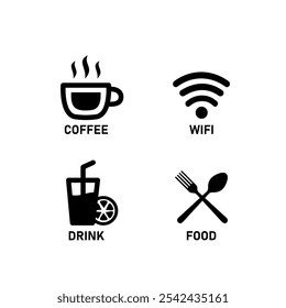 Symbol coffee, wifi, drink and food. Icon for cafe or restaurant. Vector illustration.