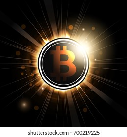 Symbol of coin bitcoin shines with rays stylized under a solar eclipse. Vector illustration
