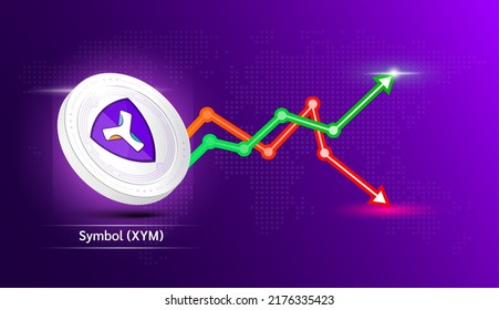 Symbol coin white. Cryptocurrency token symbol with stock market investment trading graph green and red. Economic trends business concept. 3D Vector illustration.