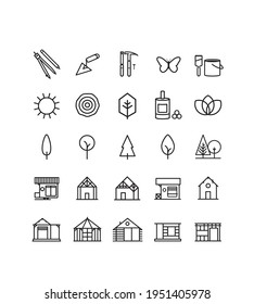 symbol collection, icon series, chalet, wooden house, ecological, sustainable, autonomous, isolated, nature, forest, cosy