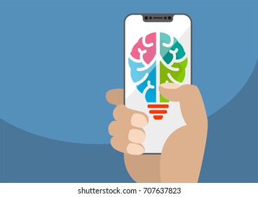 Symbol combining light bulb and brain displayed on frameless touchscreen. Hand holding modern bezel free smartphone. Concept for ideation, innovation and creativity. Illustration using flat design.